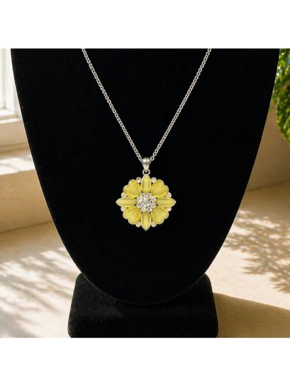 Yellow Flower Pendant Necklace With Rhinestones On Silver Chain Adjustable Clasp